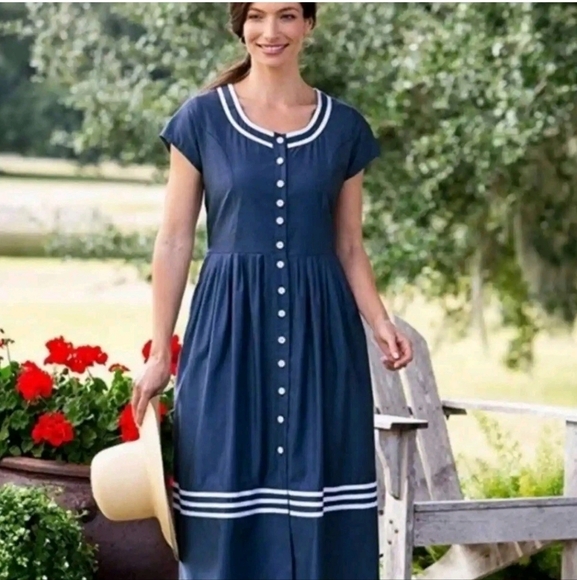 Lanz Of Salzburg Button Down Chambray Sailor Dress Navy Blue White VTG Womens 1X - Picture 1 of 16